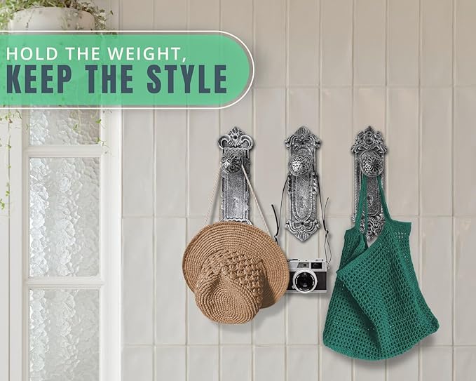 Comfify Shabby Chic Cast Iron Decorative Wall Mounted Hooks – Silver/Black - Door Knob Coat Hooks - Set of 3 - Screws and Anchors Included - Antique Wall Hooks for Hanging Clothes