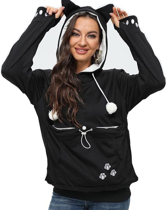 BOMBAXCEIBA Pet Pouch Hoodie Small Pet Carrier,Dog Cat Pouch Hoodie Sweatshirt Kangaroo Pocket Holder, With Ears Women's Fit