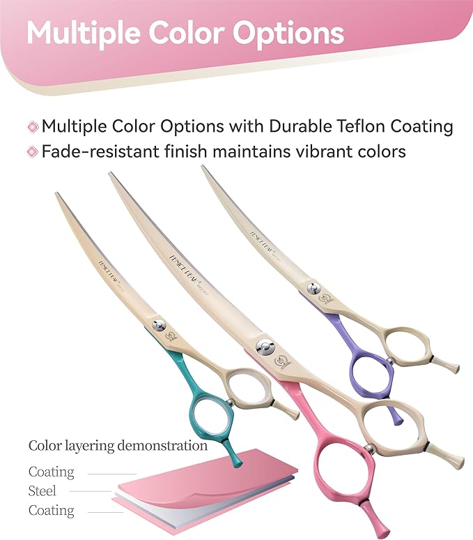 Fenice Peak Curved Dog Grooming Scissors with Coating 440C Stainless Steel, 7 inch Professional Curved Shears Dog Grooming，25 Degree of Curved Blade，Pet Shears for Trimming Face and Paws, Pink & White