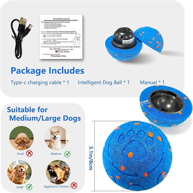 Huimpet Interactive Dog Ball, Automatic Moving, Bouncing Chew Toys, Wicked Balls with 3 Modes, E-TPU Vibrating Dog Ball for Medium and Large Dogs, IP54 Waterproof, Birthday Gifts for Dogs(Blue)