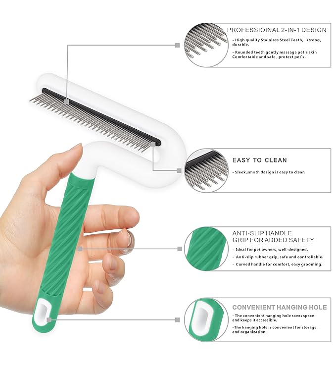 TailGurus Pet Flea Comb for Dogs & Cats - Grooming Tool with Long & Short Steel Teeth, Safely Removes Tangles and Knots, Gentle Detangling Brush for Pet Hair (TG2043)(Green)