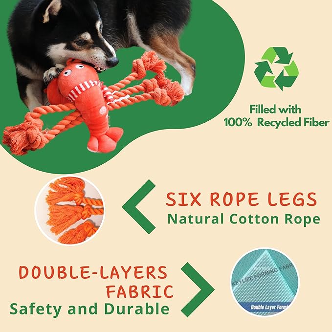 Christmas Dog Toys, Squeaky Tough Rope Tug of War Dog Toys, Interactive Plush Chew Toys, Dog Gifts for Puppy, Small Medium Large Dogs - Lobster