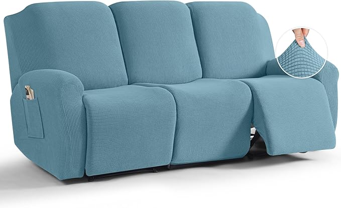 TAOCOCO Recliner Sofa Covers 8-Pieces Stretch Large Couch Covers for 3 Seats Reclining Slipcovers Soft Jacquard Pattern Furniture Protector (Dusty Blue)