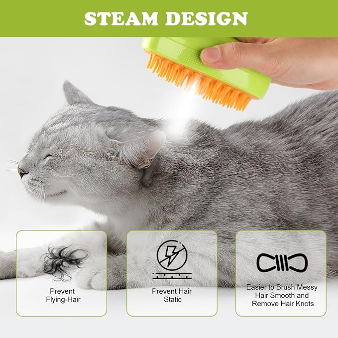 Steam Brush for Cats Shedding, 3 in 1 Steamy Water Pet Hair Removal Comb with Steamer, Spritz Comb for Dog, Indoor Cat Spray Mist Grooming Defur Brush, Cepillo Vapor Gato Perro, Steaming Cleaning Spa