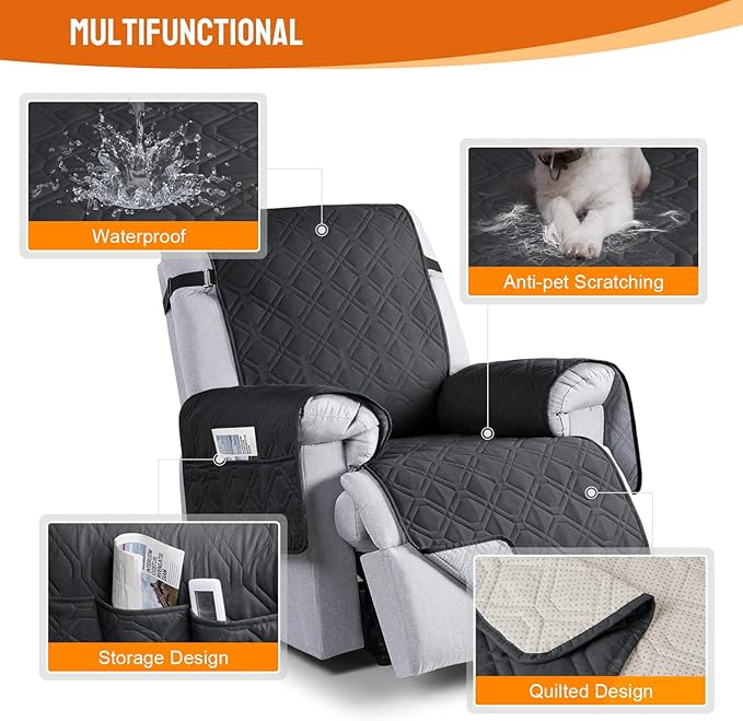 VANSOFY 100% Waterproof Recliner Chair Covers, Recliner Cover Non-Slip Dog Chair Cover Furniture Protector Washable Slipcover with Pocket, Elastic Straps for Pets, Dogs(Black, 20")