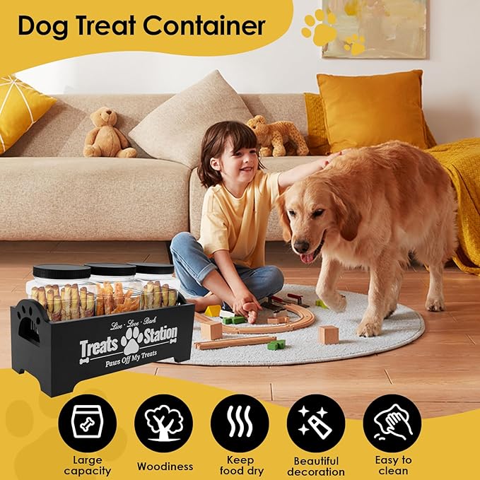 KarHoeGern Dog Treat Container for Countertop Dog Food Storage with 3 Plastic Treat Jars Wood Dog Food Container with Handles and Lids Farmhouse Practical Pet Cat Dog Treat Storage Containers (black)
