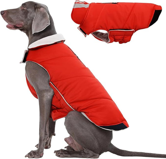 Kuoser Dog Winter Coat Cold Weather Reflective Waterproof Dogs Jacket, Warm Fleece Lined Turtleneck Doggy Vest with Zipper, Dog Snow Jacket Pet Apparel for Small Medium Large Dogs, Red 2XL