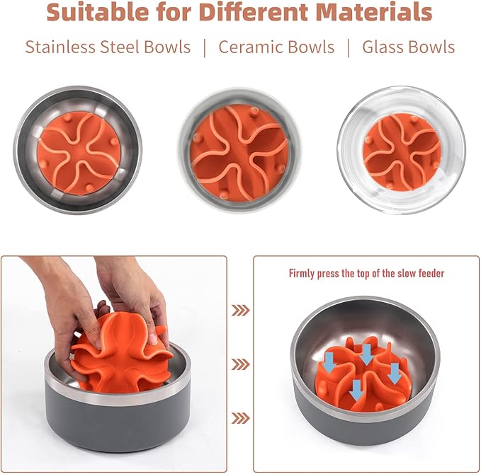Jaoul Slow Feeder Dog Bowls Insert, Puzzle Slow Feeder Insert with 21 Octopus Suction Cups for Small Breed Dog Food Bowls (4 inch, Orange)