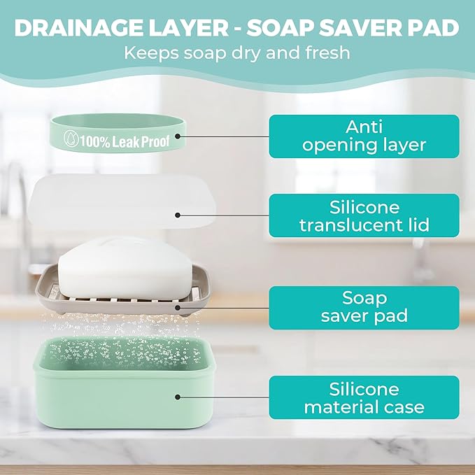 Compact Leakproof Travel Soap Case with Lid & Silicone Strap - Portable Draining Soap Bar Holder for Gym, Bathroom, Camping - Lightweight Silicone Soap Dish Container (Light Green)