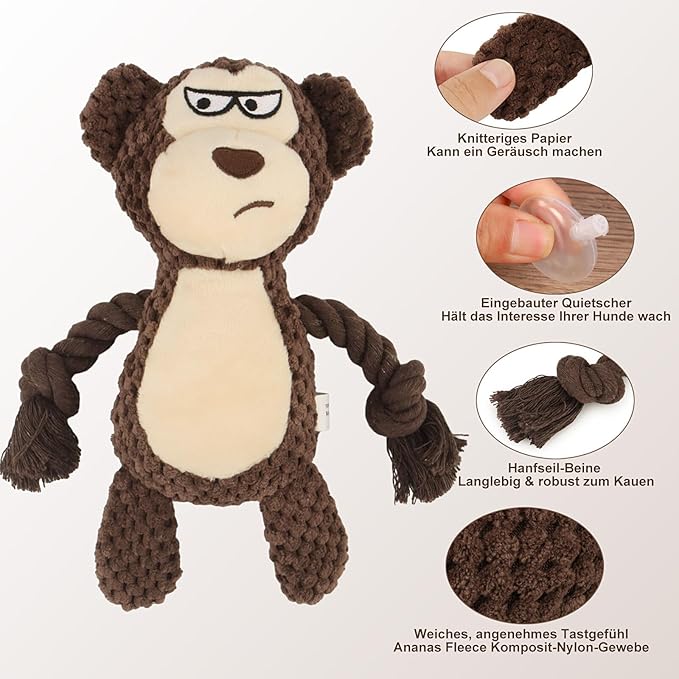 TONYFY Dog Toys, Dog Squeaker Toys with Crinkle Paper, Stuffed Animal Dog Plush Chewing Toy, Cotton Rope Interactive Toys for Puppy, Small, Middle Dogs (Brown Monkey)