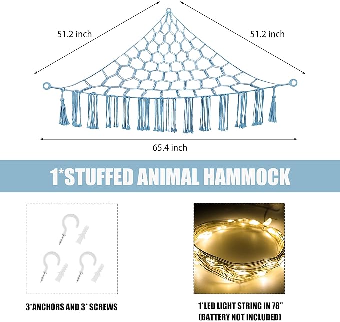 CERETIA Stuffed Animal Hammock with LED Light, Large Stuffed Animals Storage Corner Plushie Net for Kids Room Decor, Jumbo Baby Blue