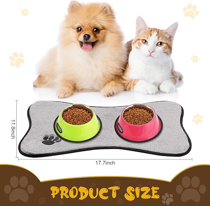Breling Dog Mat for Food and Water 2 Pieces Bone Shape Non-Slip Pet Feeding Mat for Under Dog Bowls Embroidered Microfiber Pet Bowl Water Absorbent Feeding Supplies, 2 Colors