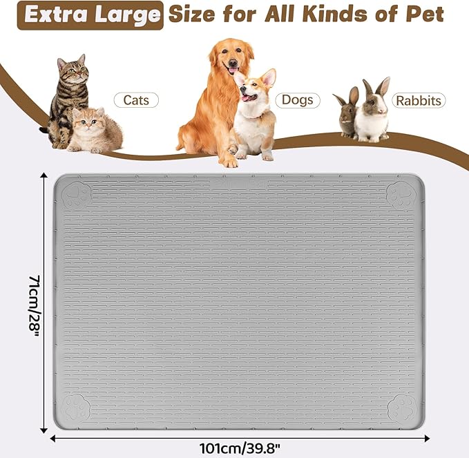 Bartuke Cat Food Mat, 40" x 28" Extra Large Silicone Pet Feeding Mat with Raised Edge Pet Placemat for Food and Water Bowl Non-Slip, Easy to Clean, Floor Protection (Grey)