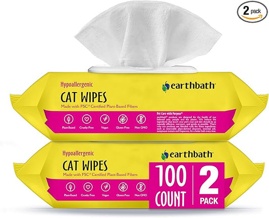 earthbath, Hypo-Allergenic Cat Wipes - Fragrance Free Cat Wipes for Paws and Butt, Best Pet Wipes for Cats with Sensitive Skin, Made in USA, Cruelty-Free Cat Cleaning Wipes - 100 Count (2 Pack)