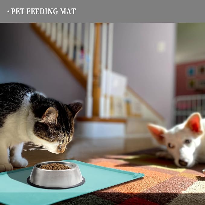 Reopet Waterproof Pet Feeding Mat with High Raised Edges, Heavier and Thicker Placemats for Cat Dog Water Bowl with BPA Free, Dogs Cats Food Mats for Messy Drinkers to Prevent Spill and Protect Floors