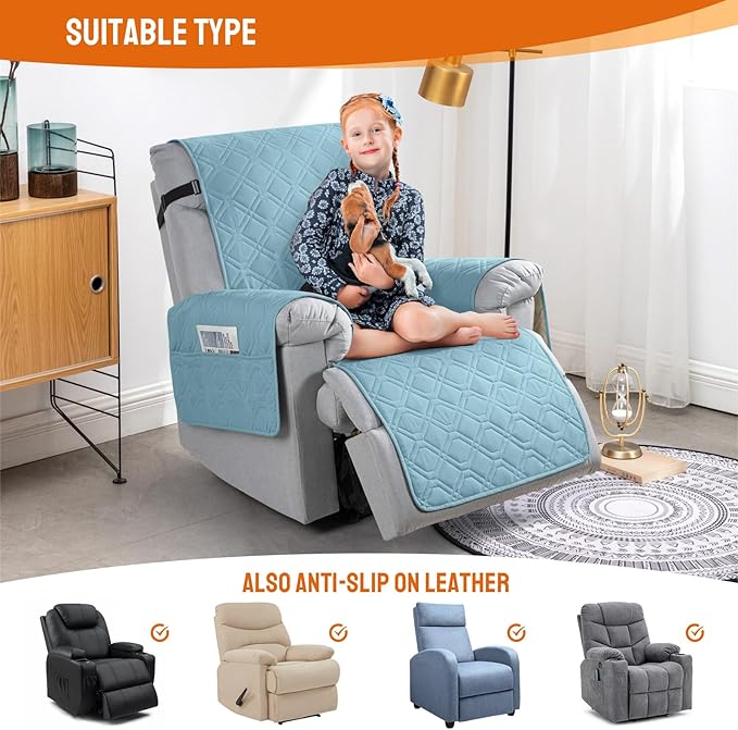 VANSOFY 100% Waterproof Recliner Chair Covers, Recliner Cover Non-Slip Dog Chair Cover Furniture Protector Washable Slipcover with Pocket, Elastic Straps for Pets, Dogs(Azuree, 28")