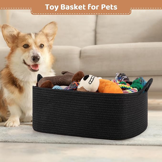 Large Empty Gift Baskets for Baby Shower, 16.5"L x 12.6"W x 7"H Cute Woven Storage Basket with Gift Bags and Ribbons, Small Rope Toy Basket with Handles, Cat Dog Pet Toy Organizer - Black