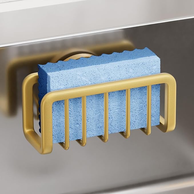 TAILI Sponge Holder for Kitchen Sink with Strong Suction Cup, Rustproof Aluminum Sink Caddy for Sponges, Removable Sponge Holder, Dish Brush for Scraper - Gold