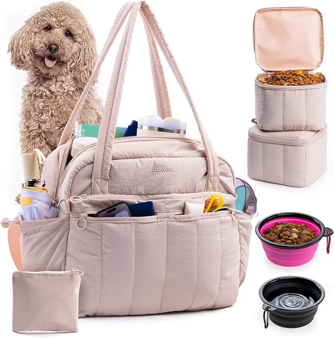 Dog Travel Bag for Supplies, Airline Approved Pet Travel Organizer with 2 Food Containers & Collapsible Bowls, Large Capacity Dogs Tote Bag for Weekend, Stylish Dog Mom Gift for Pet Lovers