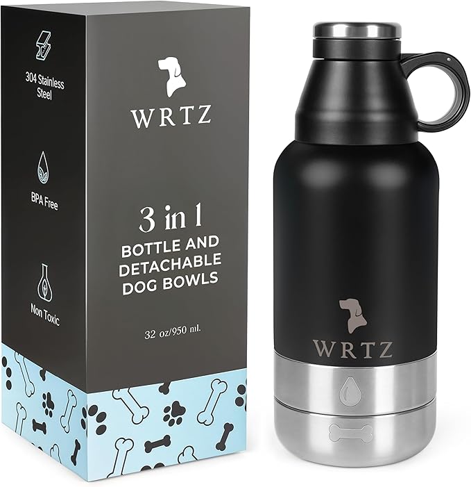 Stainless Steel Insulated Water Bottle with 2 Removable Water Bowls for Dogs – Leak-Proof Eco-Friendly Portable Dog Water Bottle - Travel Accessories for Dogs - 32oz - Black