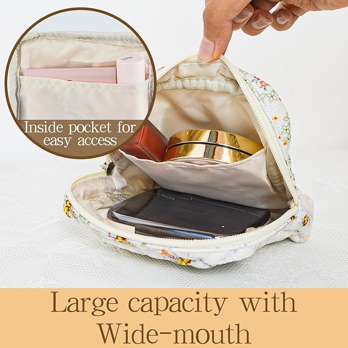 Small Floral Quilted Makeup Bag, Coquette Aesthetic Travel Toiletry Organizer for Women, Lightweight Cotton Cosmetic Pouch