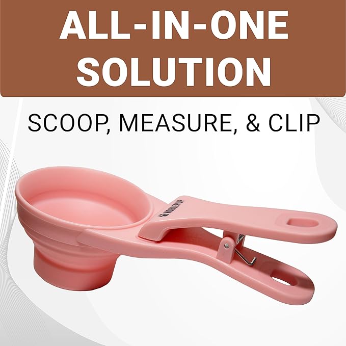 MeasureMate Pet Food Scoops with Bag Clip for Dog and Cat - 3-in-1 Multi-Function Collapsible Food Measuring Cup - 1/2 Cup Capacity, 4oz, Pink - Dishwasher Safe