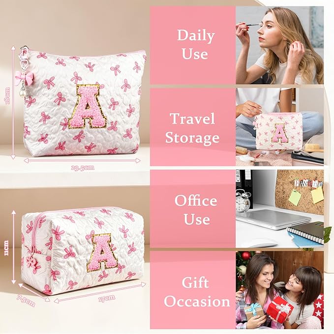 Initial Makeup Bag, Christmas Gifts for Women Teens Girls Birthday Gift Personalized Bow Cosmetic Bag, Quilted Cosmetic Travel Toiletry Pouch, Cute Makeup Organizer Teen Girl Gifts Trendy Stuff, L