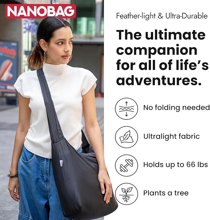 Nanobag Ultra-Lightweight Foldable Sling for Women & Men, Reusable Grocery & Travel Bag, Packable Collapsible Compact Market Crossbody (Sling Stars)