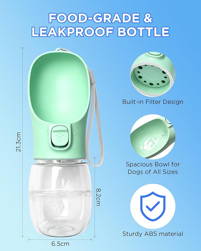 Portable Dog Water Bottle, Leak-Proof Pet Water Dispenser with Water-Saving Reflow, One-Hand Operation & Dishwasher Safe Travel Bottle for Walking, Hiking & Travel, Green