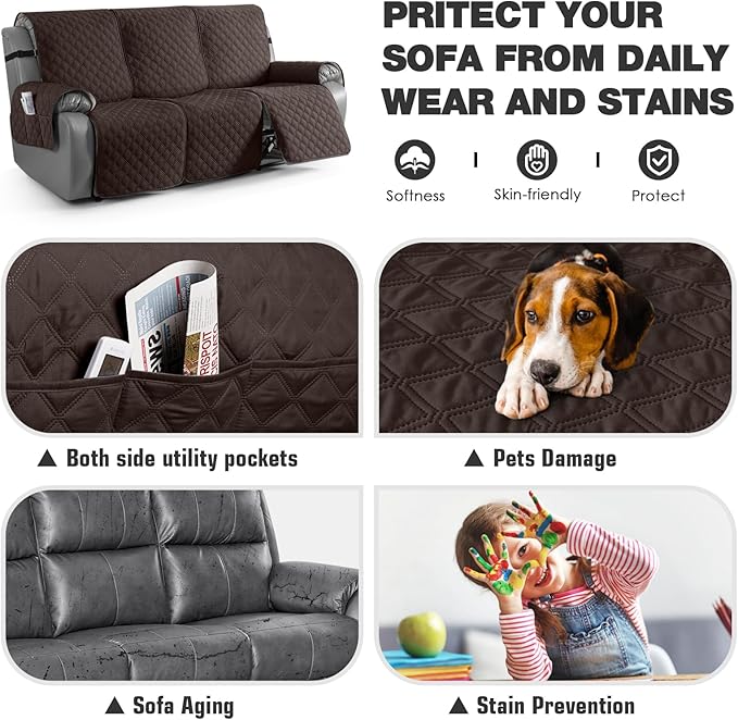 TAOCOCO 100% Waterproof Recliner Sofa Covers, Reclining Couch Covers with Leg Straps, 1-Piece Washable Recliner Sofa Cover with Pocket Couch Protector for Pets Kids(Chocolate, 3 Seater)