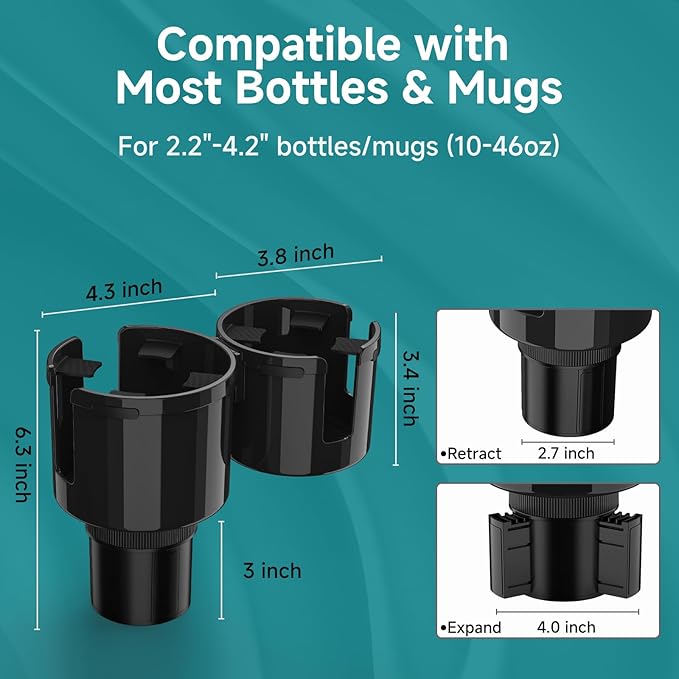 Car Cup Holder Expander, 2 in 1 Cup Holder Extender Adapter with Expandable Base, Fits Yeti, Hydroflask, Large Water Bottles 10-46 OZ