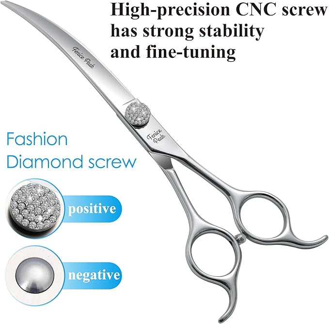 Fenice Peak 7.5‘’ Super Curved Dog Grooming Scissors with Jewelled Screw 440C Stainless Steel Pet Grooming Bending Scissors with Symmetrical Handle for Groomer and Home User