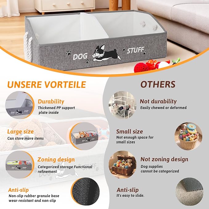 kiviron Large Dog Toy Basket with Handles, 28.5" Collapsible Multi-Purpose Hard Board Dog Toy box, Clothes, Dog toy storage (Grey,Cream)