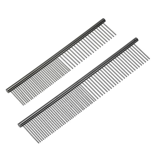 PETAXCELL Dog Cat Comb, Pet Combs Stainless Steel Teeth with Rounded Ends for Knots Mats Loose Hair Removal, 6.5/7.5IN (Black Plated, 2 Pack), Grooming Tool Intended for Long Curly Hair Pet