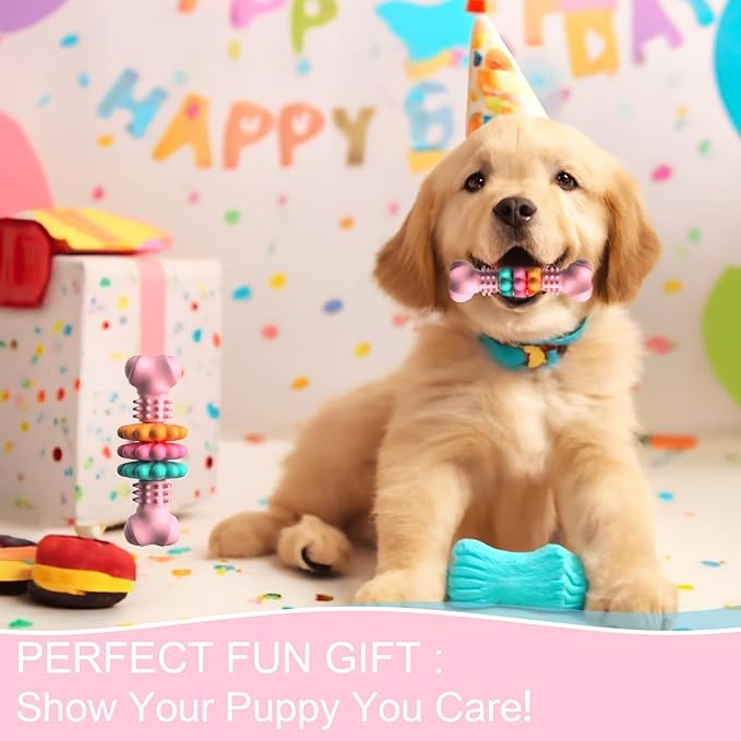 Puppy Teething Toy, Indestructible Dog Chew Toys for Aggressive Chewers, Interactive Bone Dog Toy for Small & Medium Breeds, Tough Puppy Toys to Keep Them Busy and Clean Teeth (Pink)