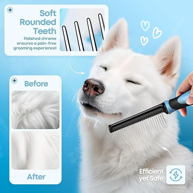 Flexzion Metal Pet Comb for Cats & Dogs - Sturdy Stainless Steel Rounded Teeth with Non-Slip Soft Grip Handle Easy to Use Grooming Detangling Cat Combs for Indoor Cats, Blue