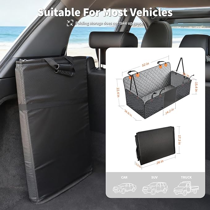 HOTEAGLE Back Seat Cover for Dogs, Waterproof Hard Bottom Spacious and Comfortable, Ideal for Car Trips and Outdoor Adventures, Cherished by Pet Owners（Grey）