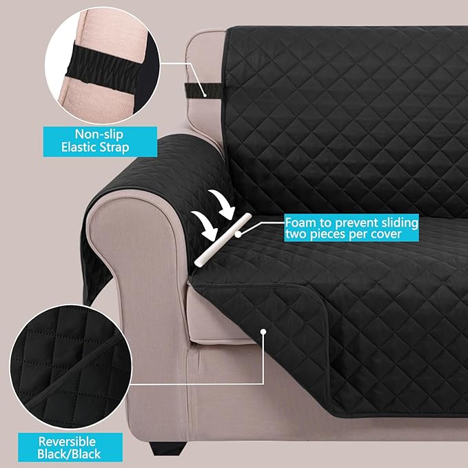 U-NICE HOME Recliner Chair Covers Reversible Chair Cover Pet Covers for Dogs with Elastic Straps Water Resistant Diamond Quilted (23''Armchair, Black/Black)