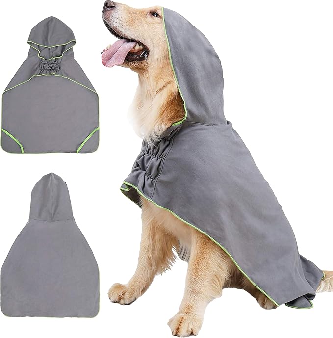 DogLemi Super Absorbent Bath Towels for Dogs Fast Drying Dog Bathrobe 100% Microfiber Washable Towel Robe with Hood for Large Medium Small Pets (Grey, M)