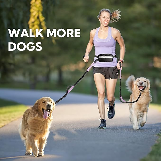 Hands Free Dog Leash with Pouch, Double Leash for Two Dogs, Retractable Bungee with Double Padded Handles, Dog Waist for Dog Walking, Running for Dogs, Dog Walking Accessories