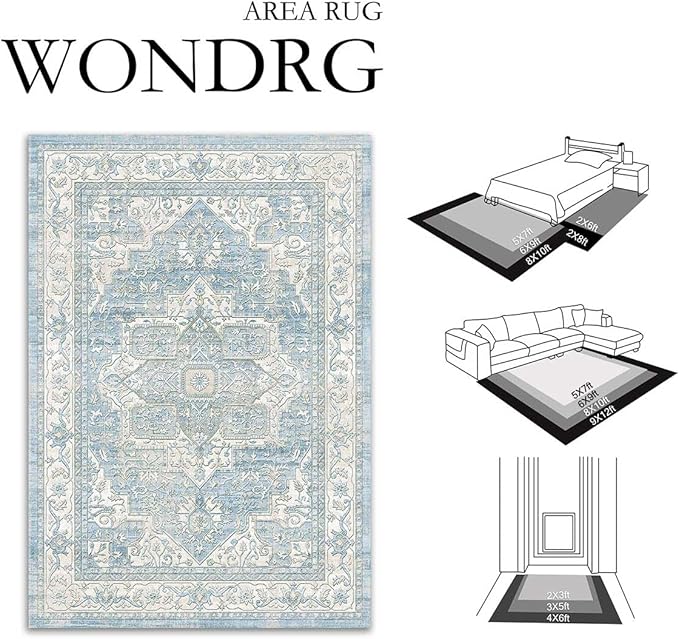 2x6 Washable Vintage Runner Rug Blue Oriental Hallway Kitchen Throw Rug Neutral Non Slip Soft Low Pile Carpet for Bathroom Laundry Bedroom Living Room