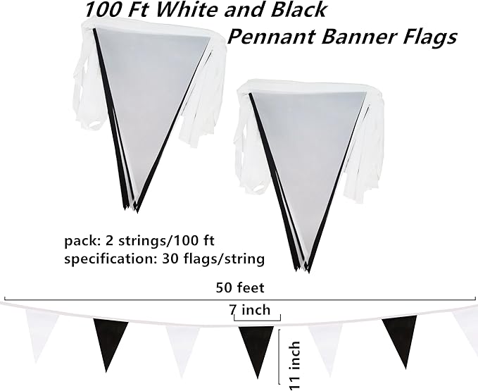 100 Feet Black & White Pennant Banner Flags String Hanging Black & White DIY Triangle Bunting Flags,Party Decorations for Grand Opening,Party Events Celebration,Kids Birthday,60 Pcs