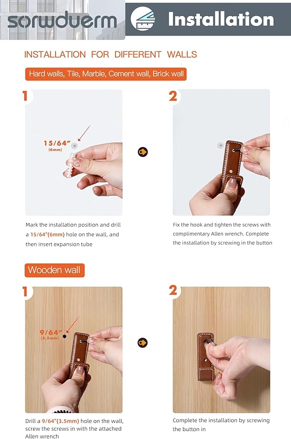 4 Pack Brown Leather Coat Hooks Wall for Hanging Rectangle Coat Hooks for Hanging Robe Towels Bags Hats Scarf Keys Clothes Suitable for Bedroom, Entryway and Closet