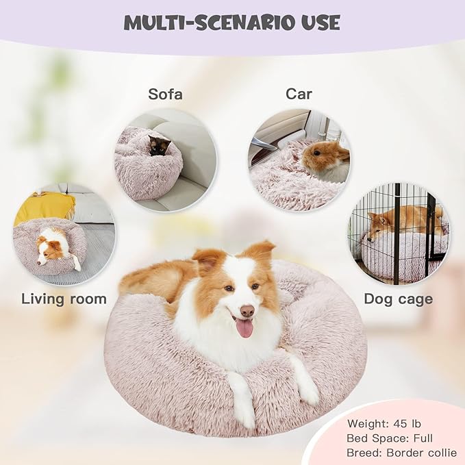 Himax Dog Beds for Large Dogs, Donut Dogs Beds with Blanket Attached, Calming Dog Bed Washable (20"/26"/35") Beige