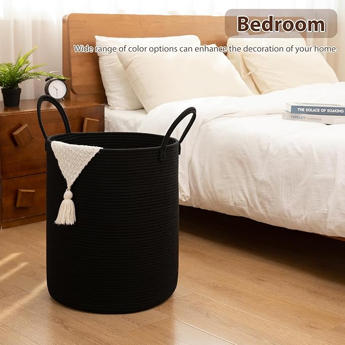 OIAHOMY Large Laundry Basket Hamper - 100L Cotton Rope Woven Basket for Blankets, Toys, Clothes - Tall Decorative Nursery Hamper with Long Handles, Black