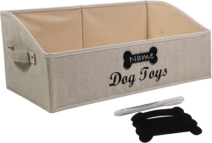 Large Dog Toy Basket Collapsible Dogs Toy Box Fabric Trapezoid Dog Toys Bin Storage for organizing pet Toys/Blankets/leashes/Rope Toys/Clothing-Can be Personalized-KhakiStripe