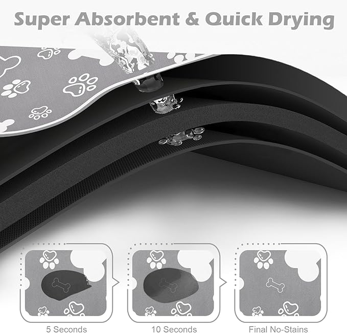 Dog Cat Food Mat,Rapid Absorbent Pet Feeding Mat, Bone Shaped Dog Placemat Water Bowl Mat with Rubber Backing,No Stains Dog Cat Food Mats Indoor, Pet Accessories Supplies 12"x18" Grey