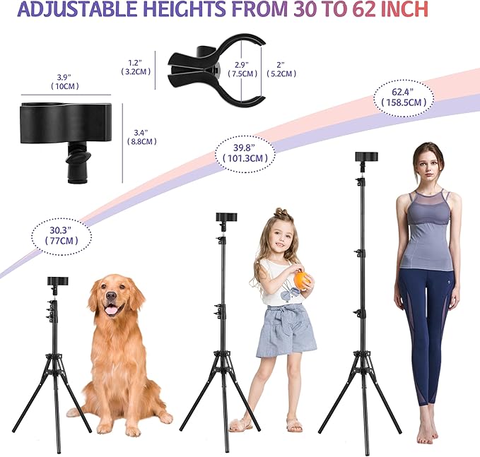 ERYTLLY Hair Dryer Stand Hair Dryer Holder with Tripod Hands Free 360-Degree Rotating Universal Clip Adjustable Height from 30-62 Inch Metal Blow Dryer Holder for Bathroom, Vanity, Makeup Room