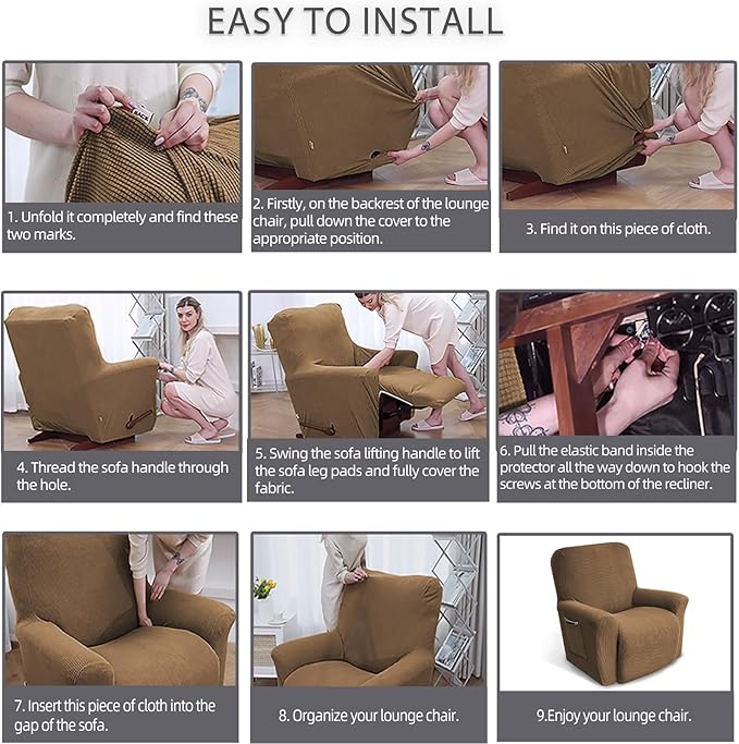 KEKUOU Recliner Chair Covers,Lazy Boy Recliner Covers Stretch Couch Cover Slipcovers 1 Piece Furniture Protector with Elastic Bottom for Kid,Dog(Recliner,Camel)