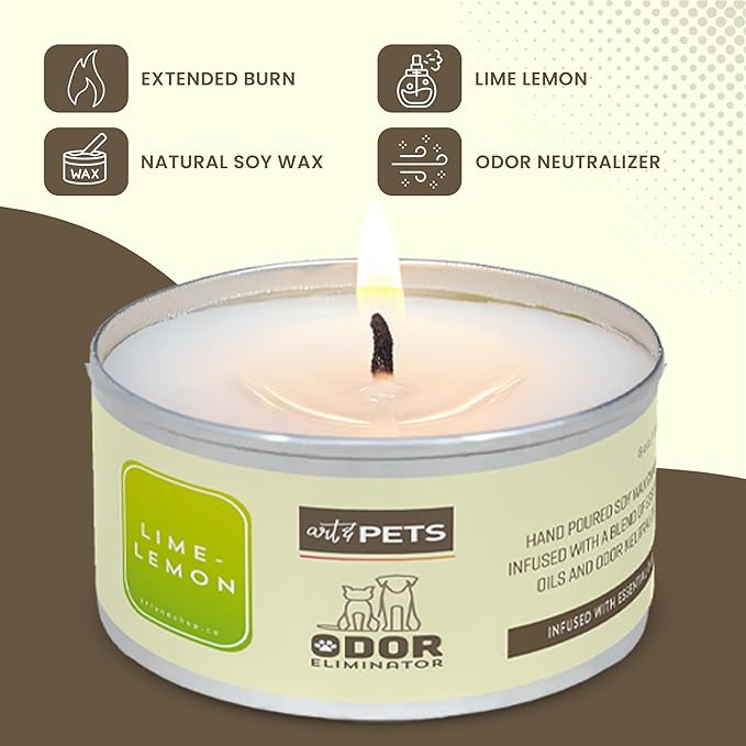 Pet Odor Eliminator Candle for Dogs and Cats Long-Lasting 72-Hour, Burn Natural Soy Wax with Refreshing Scent, Scented Candle to Remove Pet Smells (Lime-Lemon)